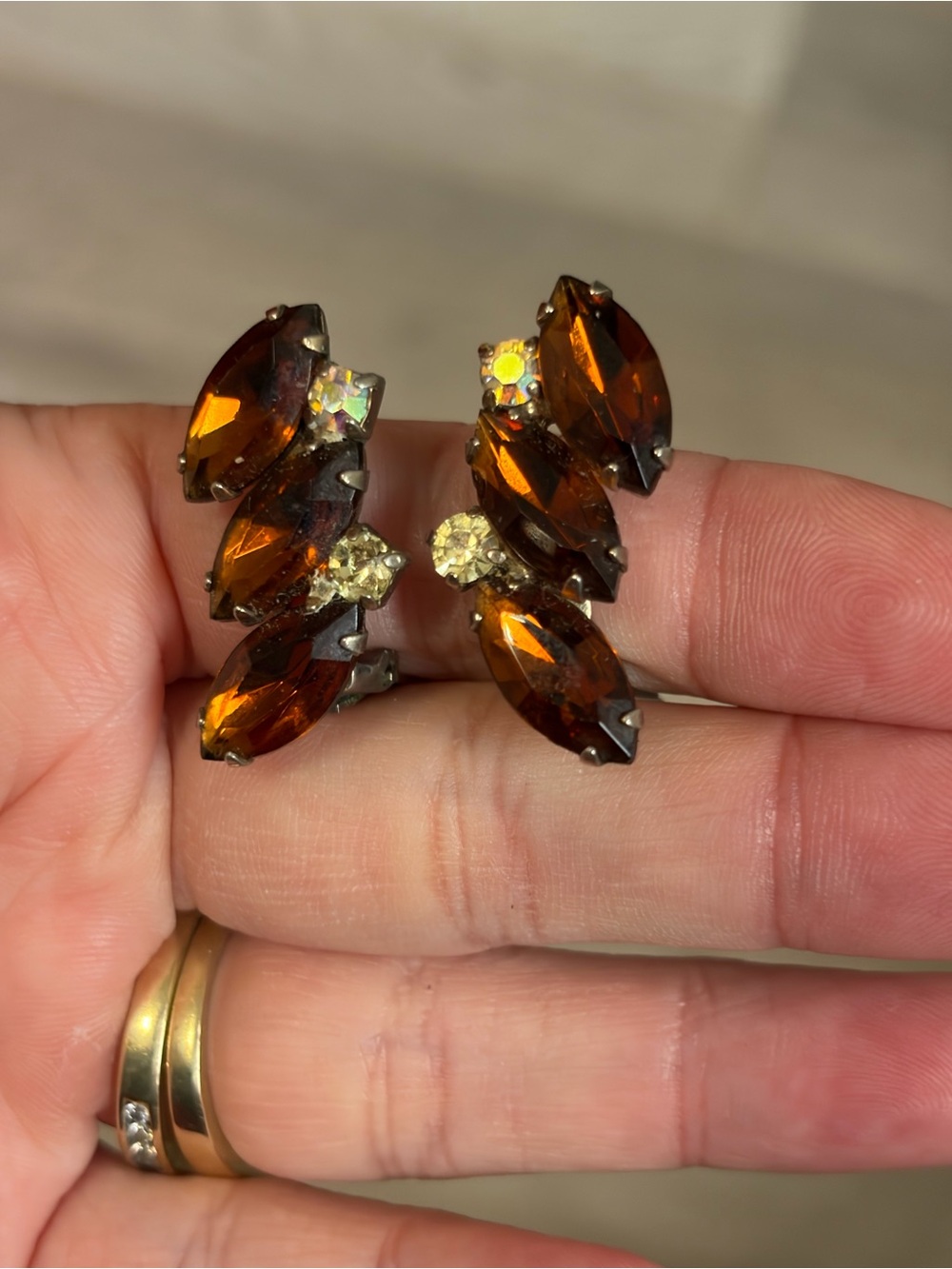 4/$100 Vintage Amber Marquise Crystal Clip Earrings - Women Jewelry